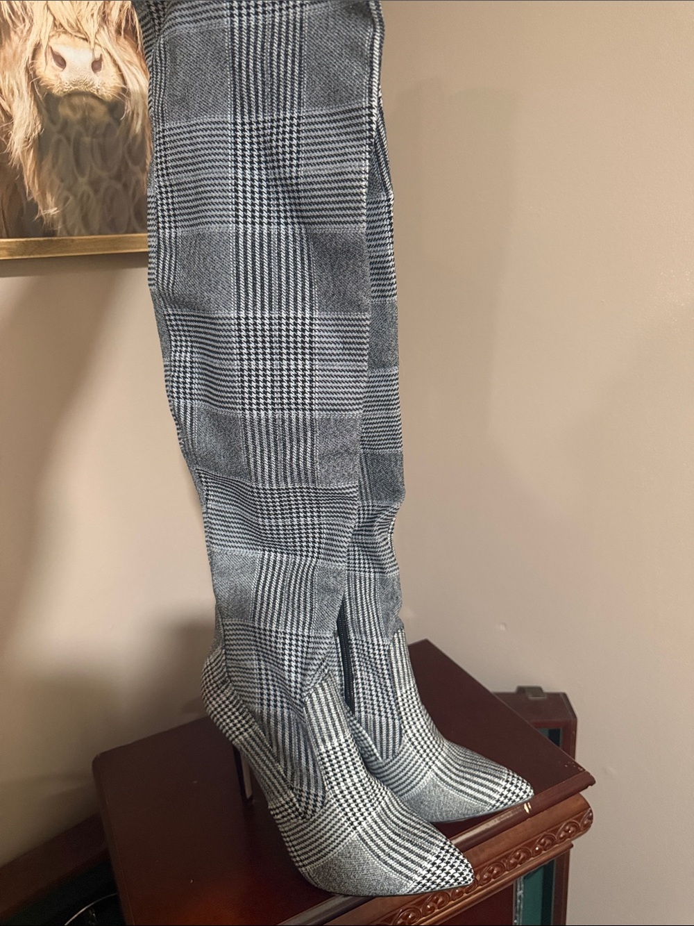 Shoe Dazzle Gray Plaid Pointed Toe Knee-High Stiletto Boots